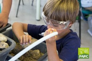 Laboratorio didattico di paleontologia - bambino usa vibroincisore per pulire un fossile